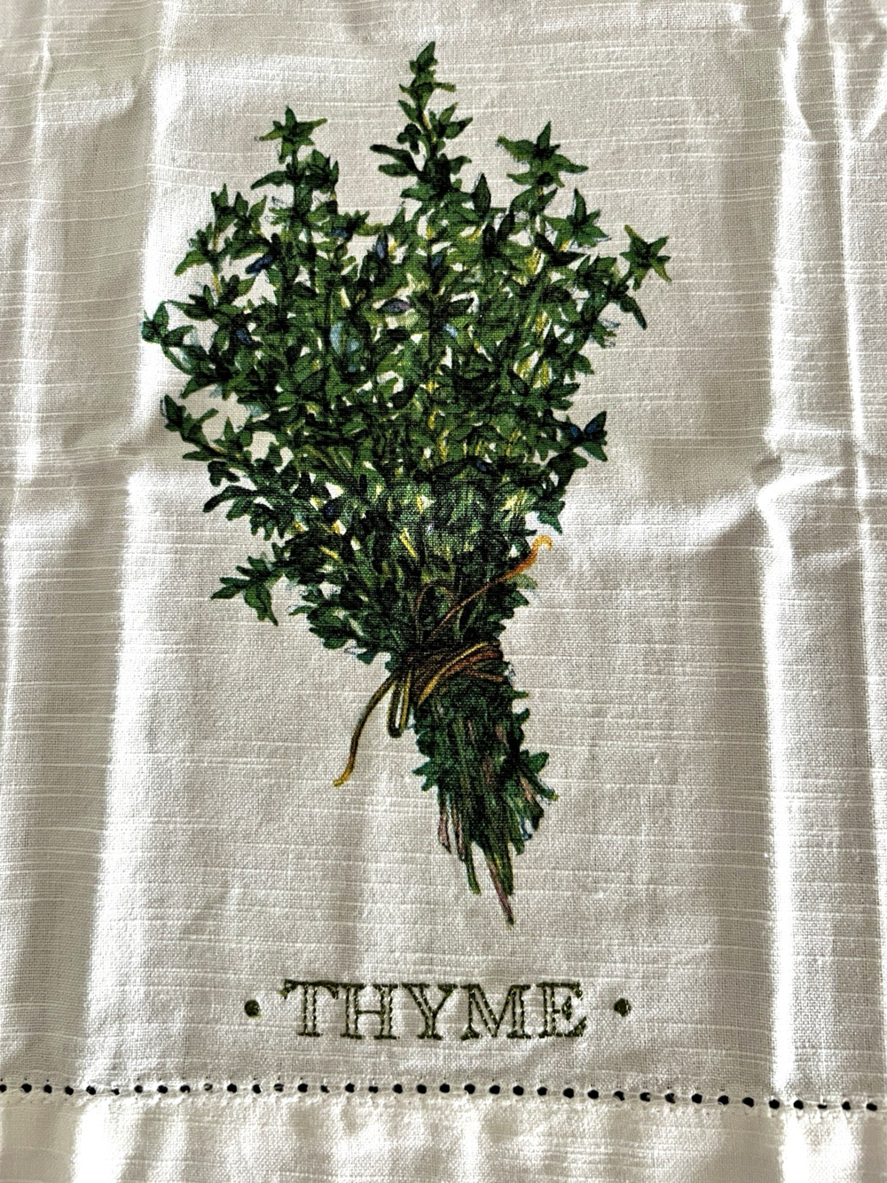 Embroidered THYME Cotton Tea Hand Towel Screen Print Herbs Ivory Green STUDIO M